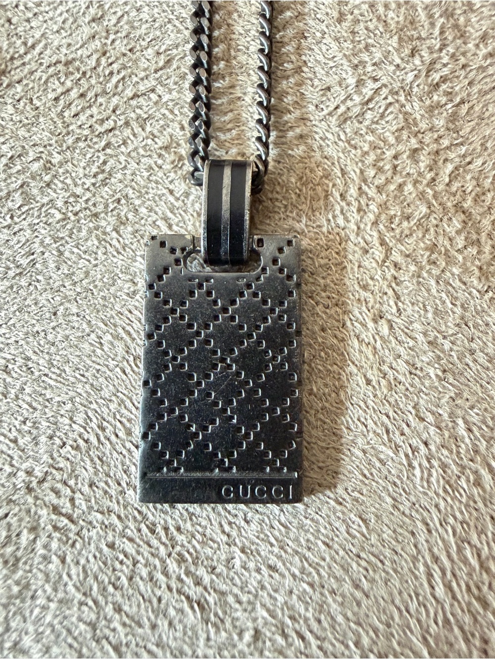 GUCCI Gunmetal .925 SS Textured Dog Tag Pendant Necklace; Length 20”- 22”